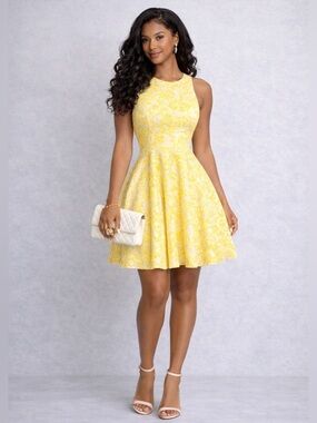 AX Paris Butter Yellow Lace Fit & Flare Dress Sleeveless A-Line SZ UK 14 US 10
